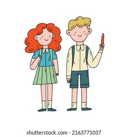De vuelta a la escuela, página web educativa, personajes con lápiz.  Dibujo vectorial plano de dibujos animados. Estudiantes de escuela de niñas y niños en color.