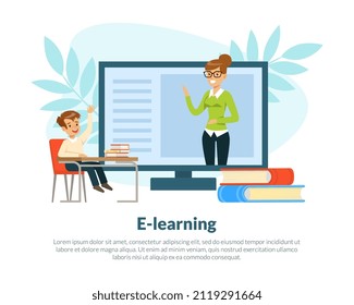 Back to School and E-learning with Computer Interface and Boy Sitting at Desk Vector Template