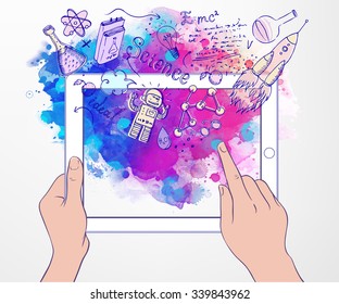 Back To School: E-learning Technology Concept With Tablet  Looking Like Ipadewith Science Lab Objects Sketchy Composition, Vector Illustration Isolated On White. 
