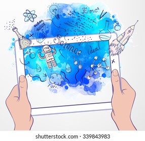 Volver a la escuela: Concepto de tecnología e-learning con las manos sosteniendo una tableta que se parece a un ipade con objetos de laboratorio de la ciencia composición esquemática, ilustración vectorial y acuarela aislada en blanco. 