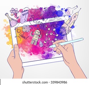 Back to School: e-learning technology concept with tablet looking like ipade with science lab objects sketchy composition, vector illustration isolated on white. 