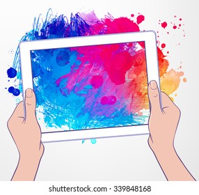 Back to School: e-learning technology concept with hands holding a tablet portable computer gadget with abstract sketchy composition, vector and watercolor illustration isolated on white. 