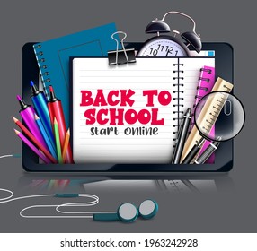 Back to school e-learning vector concept design. Back to school start online text with elements like notebook, color pencil and ball pen in smart phone screen for e-learning education.
