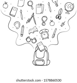 back to school element flowing into open school bag . bag and element school hand draw vector