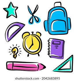 Back to school element with star, book, bag. scissor, ruler, pencil; alarm clock, bulb lamp. Set of school stuff isolated on white background.