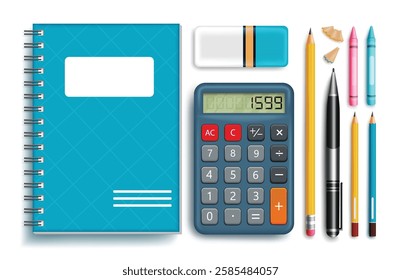 Back to school element vector set. Back to school notebook, calculator, pencil and crayon elements isolated. Vector illustration back to school educational collection.
