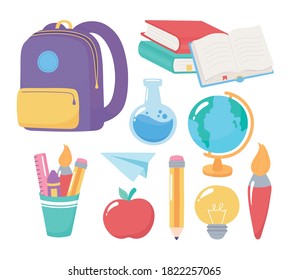 back to school, elementary education cartoon stationery supplies bag map pencil books vector illustration