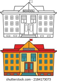 Back to school Element,Outline and Colored Modern School Building,Educational clip art.