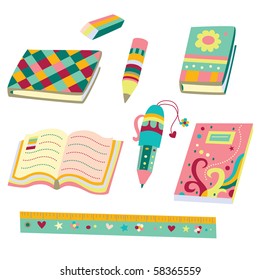 "Back to school" elements - books & notebooks, pen, pencils, eraser and ruler.