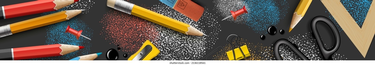 Back to school elements border, banner pattern design. Back to school concept design with pencils, colored crayons, erasers, scissors, paper clips, sharpener, ruler, watercolor, vector image