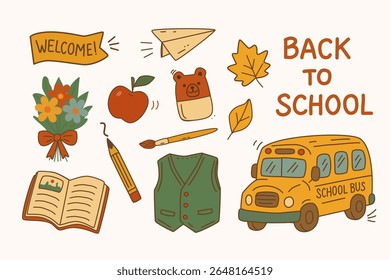 Back to school elements with bus, apple, pencil, book, leaves, paper plane, hand-drawn vector doodles in warm colors on cream. Perfect for kids designs, stickers, planners, posters, digital projects.