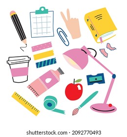 Back to school elements. Coffee cup, pencil, oil paint, apple, ruler, note paper, book, tape, table lamp, brush, paperclip. School, library, study, education concept. Sticker, banner, poster. - Vector