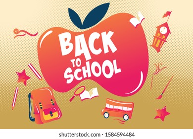 Back to school elements concept, vector illustration lettering on bubble apple shape on halftone abstract background.