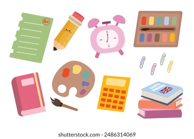 Back to school elements. School and education items. Set of supplies and stationery