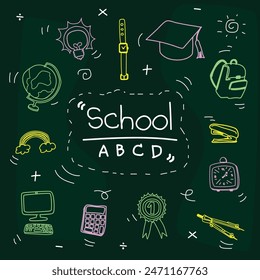 Back to school with elements for educational learning objects on green board. Vector illustration.