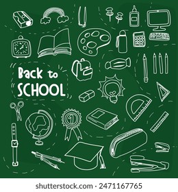 Back to school with elements for educational learning objects on green board. Vector illustration.