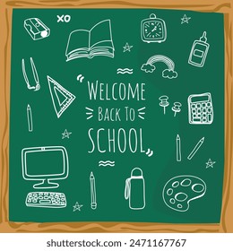 Back to school with elements for educational learning objects on green board. Vector illustration.