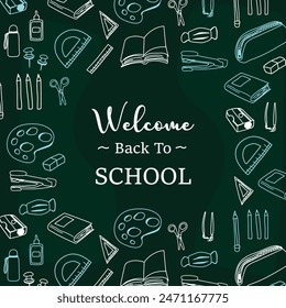 Back to school with elements for educational learning objects on green board. Vector illustration.