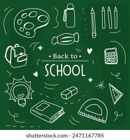 Back to school with elements for educational learning objects on green board. Vector illustration.