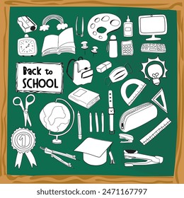 Back to school with elements for educational learning objects on green board. Vector illustration.