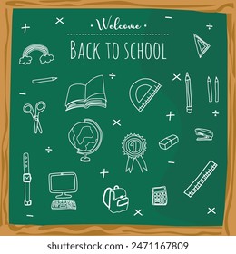 Back to school with elements for educational learning objects on green board. Vector illustration.