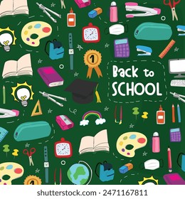 Back to school with elements for educational learning objects on green board. Vector illustration.