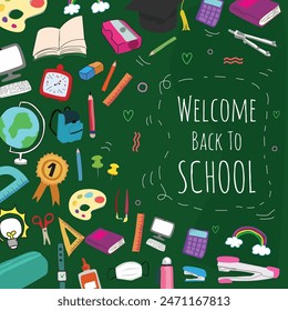 Back to school with elements for educational learning objects on green board. Vector illustration.