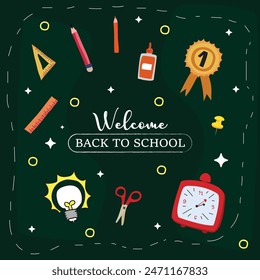 Back to school with elements for educational learning objects on green board. Vector illustration.