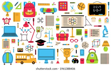 Back to school elements. School hand drawn symbols, globe, school bus, backpack and notepad isolated vector illustration set. School education badges, book and pencil, clock and calculator