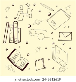 Back to school elements hand drawn doodle Stacks of paper books, home library,doodle  vector Hand drawn set pattern background
