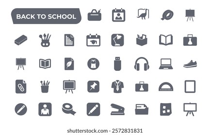 back school elements icon set collection icons education learning, beaker flask protractor microscope