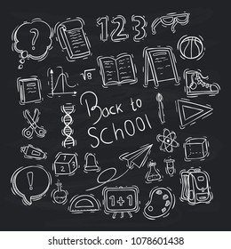 back to school elements or icons collection with doodle style on chalkboard background