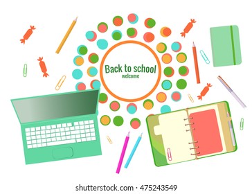 Back to school. Elements and an inscription. Frame, notebook, diary, computer, pencil, pen, diary. Isolated vector illustration.