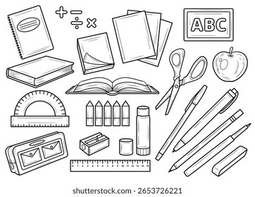 Back to school elements isolated clip art, black and white line art cute drawings, stationery doodles detailed illustration, hand drawn study stickers outline drawings, contours doodle illustration