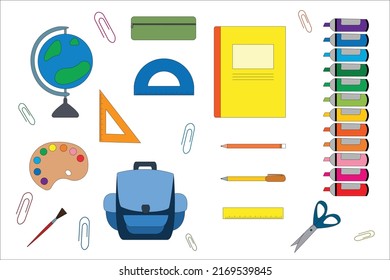 Back to school  elements isolated on gray background. Equipment learning office accessories