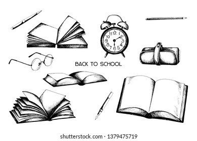 Back to school elements kit, clip art set, stickers, illustration sketch isolated on white