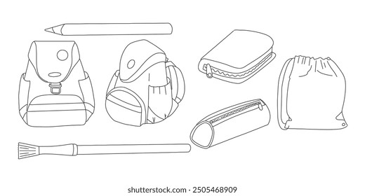 Back to school elements, line art. School stationery and Art Supplies Set, cartoon. Accessories for study, student equipment. Back to school.