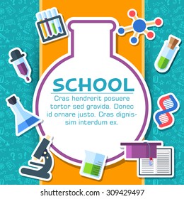 Back to school elements on blue background poster in sticker style design. Vector illustration template card illustration concept 