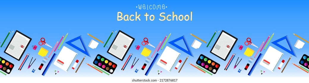 Back to school elements seamless background. Back to school horizontal concept design with compasses, colored crayons, erasers, scissors, paper clips, sharpener, ruler, notebook, watercolor