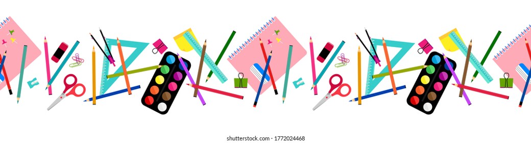   Back to school elements seamless border, banner pattern design. Back to scholl concept design with compasses, colored crayons, erasers, scissors, paper clips, sharpener, ruler, notebook, watercolor