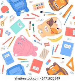 Back to school elements seamless pattern. Funny student backpacks and stationery, rulers, bags, textbooks and notebooks. Textile, wrapping paper, wallpaper . Print for fabric, vector background