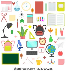 Back to school elements set. Colorful books, globe, school bag, scissors, pencil, ruler, chemistry. Vector illustration, flat style.