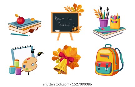 Back to School Elements Set, Different School Supplies and Stationeries Vector Illustration