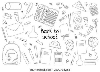 Back to school elements set, doodle style flat vector outline for coloring book