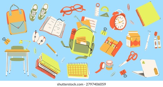 Back to school elements set isolated on a blue background. Full collection includes pencil case, backpacks, laptop, glasses, markers, tape, calendar, alarm clock, books, open book, notebook, apple, rulers, sneakers, school desk, scissors, pencils, pens, binder clips and juice carton vector illustration for education and student lifestyle.