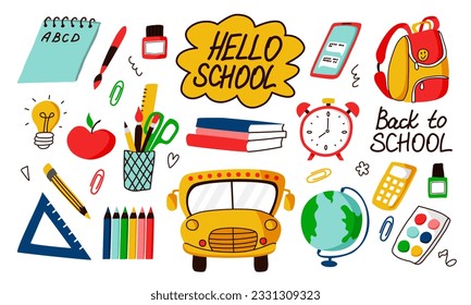 Back to School elements set. Various school stuff - supplies for art, reading, science, geography, mathematics. Vector isolated over white background.
