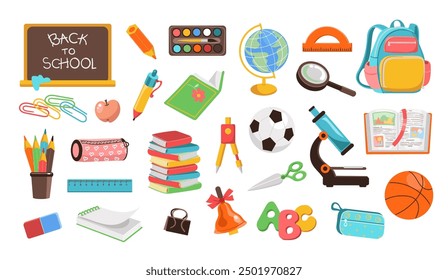 Back to school elements. Students supplies. Stationery and books. Class blackboard. Kids satchel with rulers and notepads. Children education. Microscope and ball