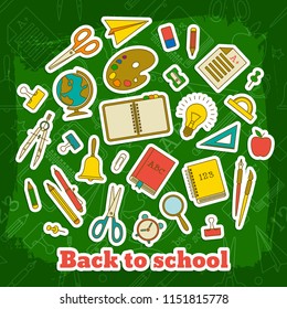 Back to school elements template with paper supplies on green blackboard with line icons vector illustration