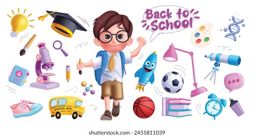 Back to school elements vector design. Back to school boy kid character with educational element microscope, bus, shoes, rocket, notebook and books objects and icon collection. Vector illustration 