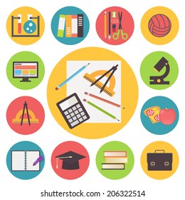 Back to school elements, vector icons set, flat design illustration.